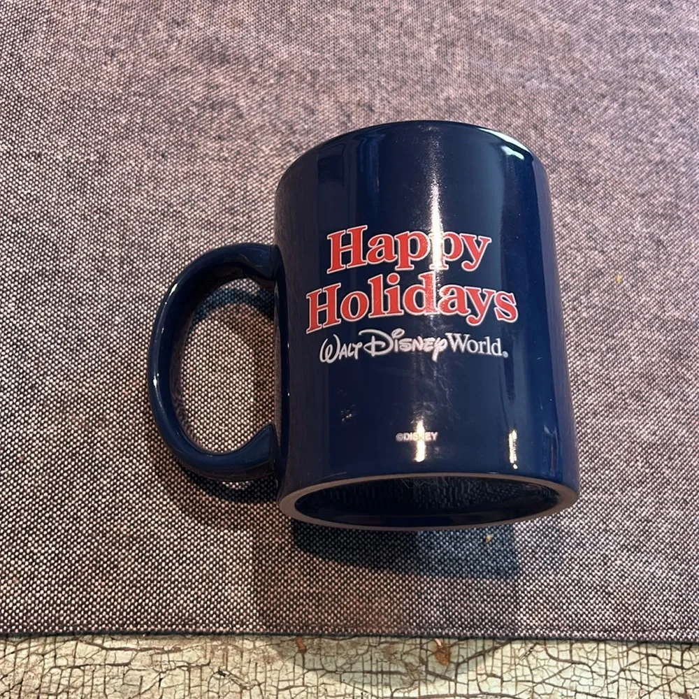 Disney Characters Decorating Christmas Tree Blue Ceramic Mug MWare 3.75